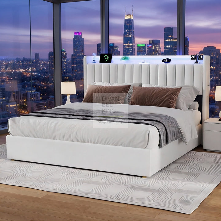 Mauricio White Leather Ottoman Smart Bed with LED Headboard Storage Charging Station, Socket, USB and Type C Port