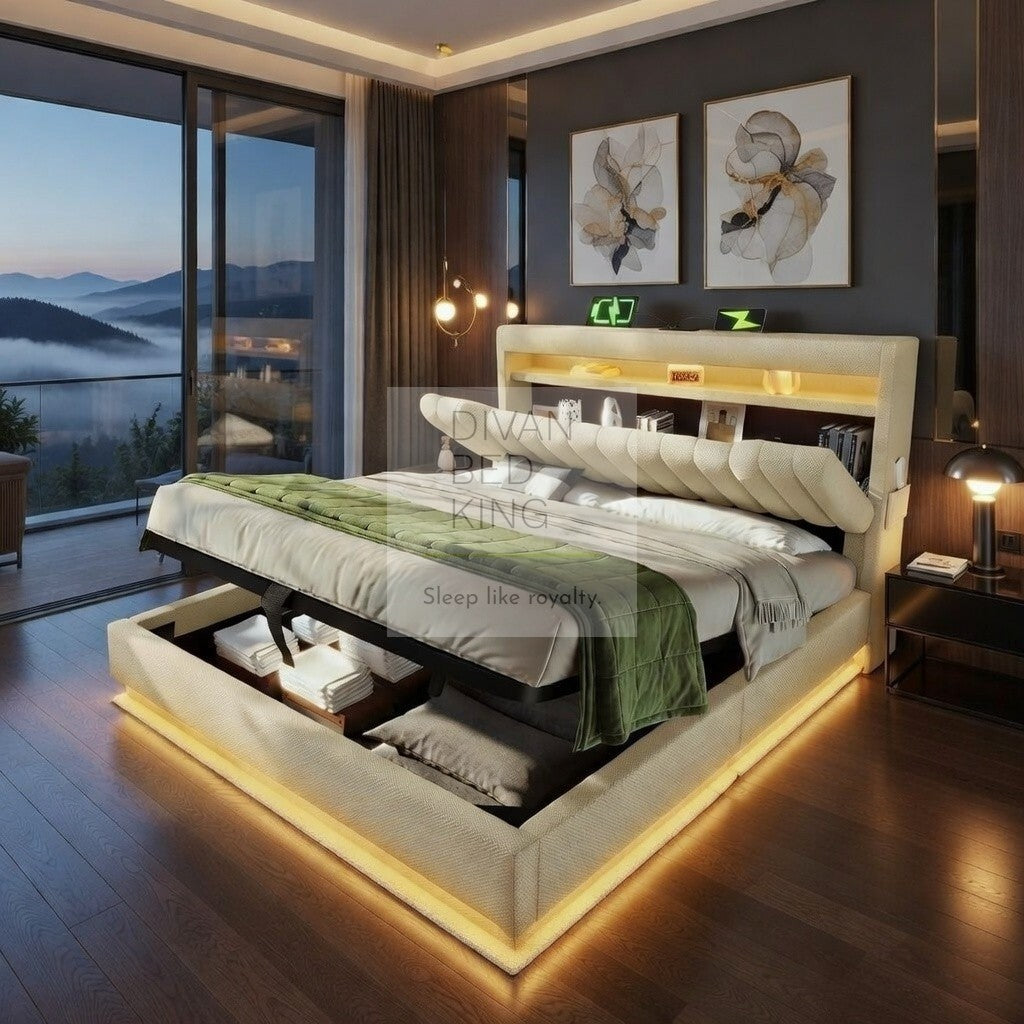 Moreno Beige Linen Wingback Ottoman Storage Smart Bed with Type C, USB & Wireless Charging Headboard Shelves