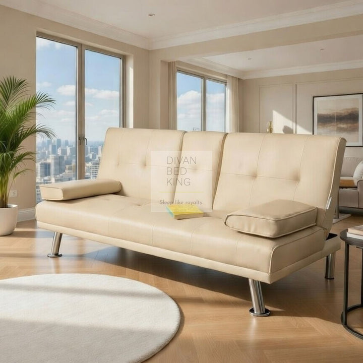 Cadence Cream Leather 2 Seater Sofa Bed with Cup Holders and Matching Pillows
