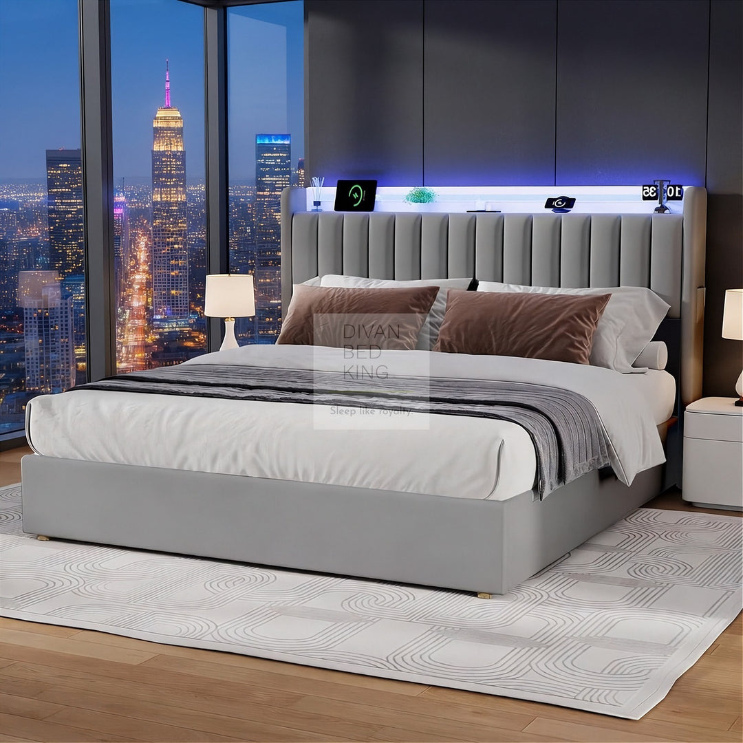 Mauricio Grey Leather Ottoman Smart Bed with LED Headboard Storage Charging Station, Socket, USB and Type C Port