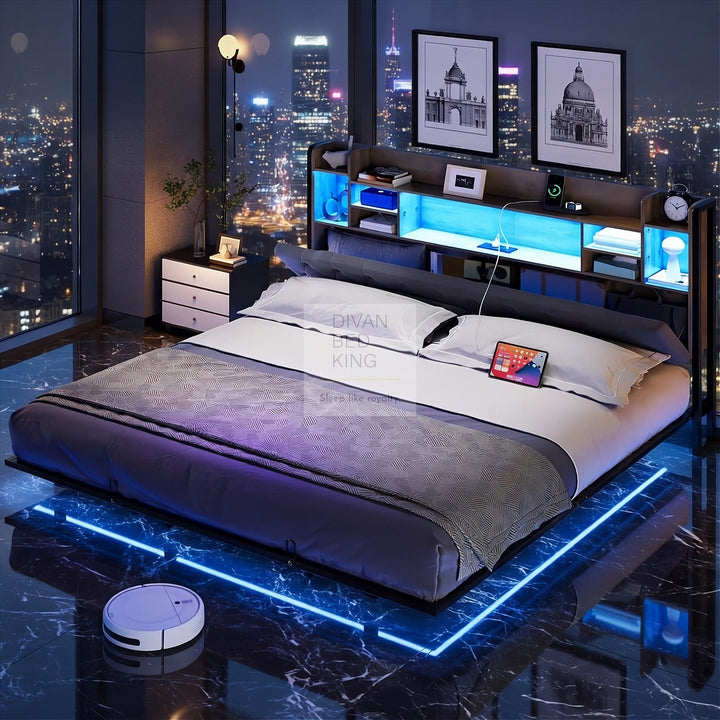 Kamilah Smart Metal Floating Bed Frame with Grey Padded Storage Headboard, LED Lights, USB, Type C & AC Sockets Charging Station