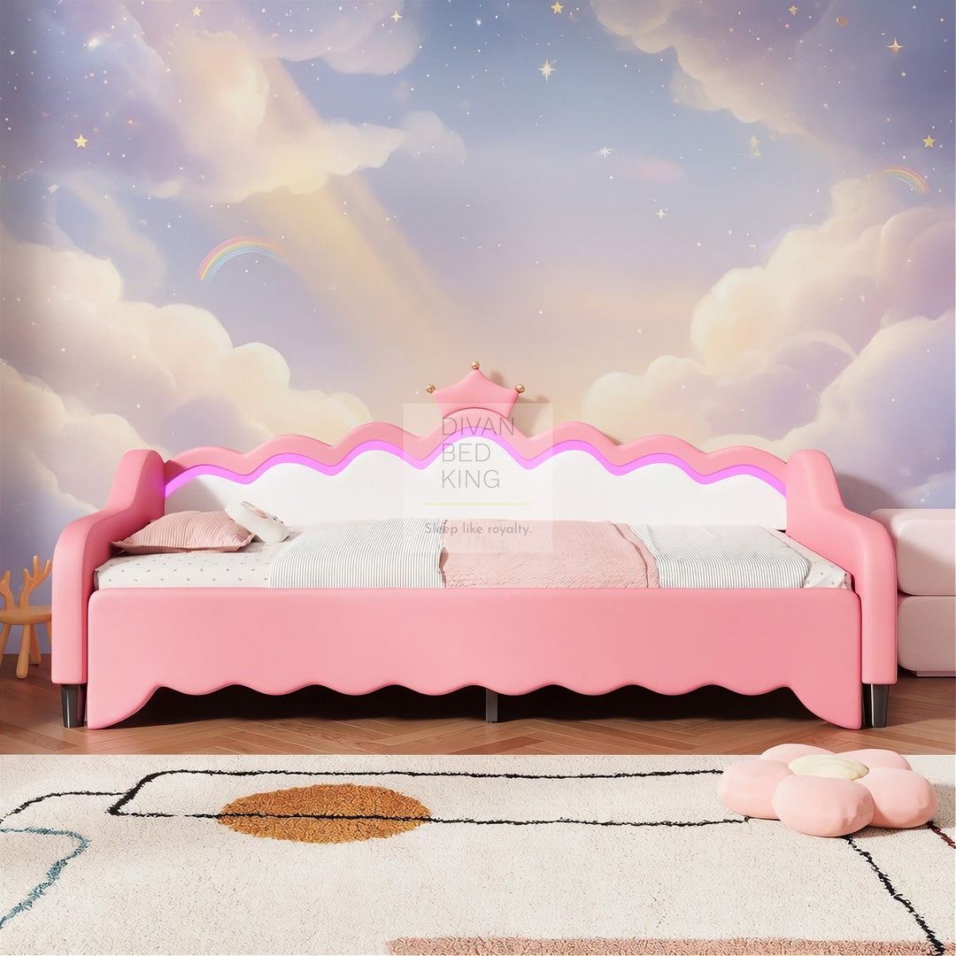 Vivian Pink Leather Girls Smart Sofa Bed with LED Lights & Trundle Daybed Couch