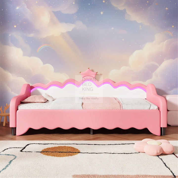 Vivian Pink Leather Girls Smart Sofa Bed with LED Lights & Trundle Daybed Couch