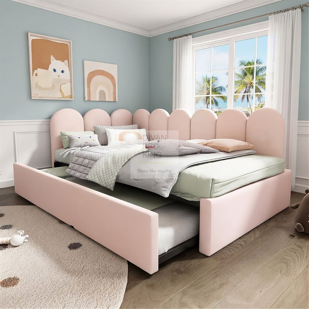 Novara Pink Plush Velvet Convertible Corner 3FT Single Daybed Sofa Bed Couch with Trundle
