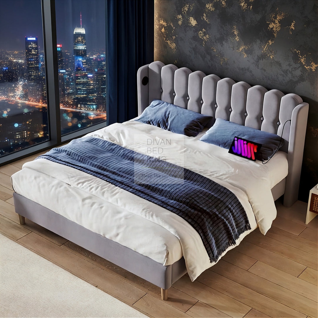 Calabria Wingback Grey Linen Smart Bed with USB & Type-C Charging Stations on Both Sides
