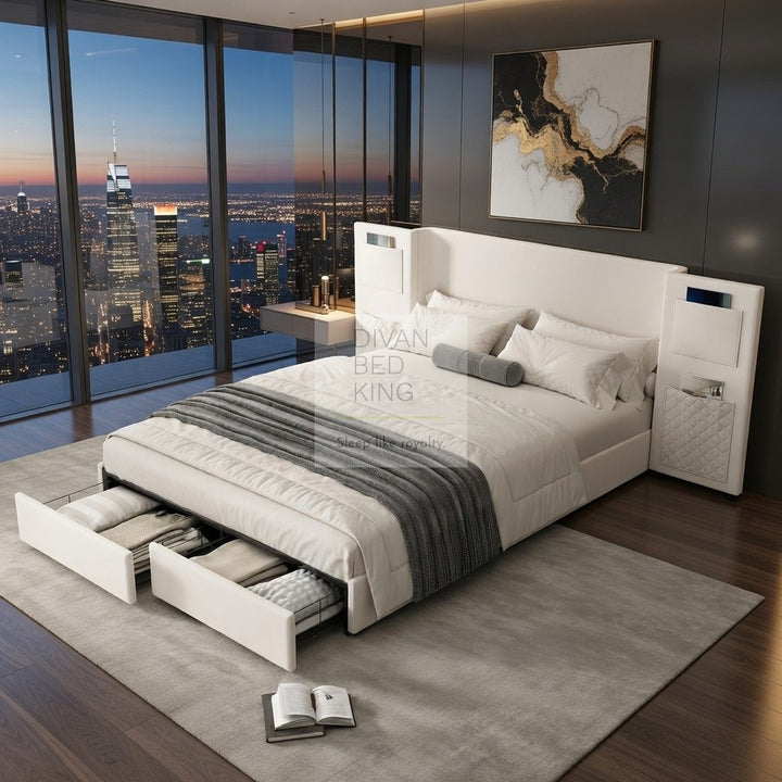 Avalos Oversized Headboard Beige Soft Cotton Flannel Storage Bed Frame with 2 Drawers