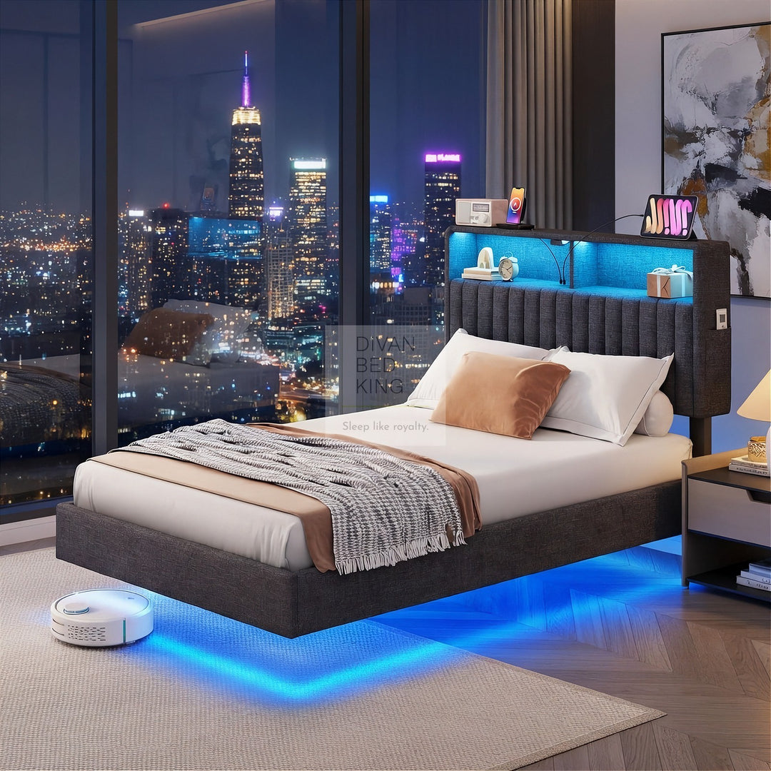 Houston Kids Smart Metal Floating Bed with Grey Padded Storage Headboard, LED Lights, USB & Type C Charging Station