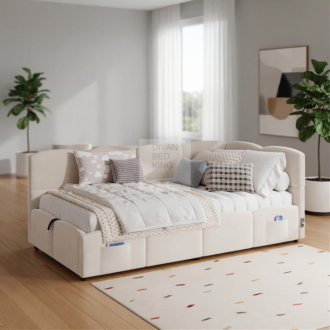 Amaia Beige Plush Velvet Smart Ottoman Storage Daybed Sofa Bed Couch with Charging Station, USB & Type C Ports