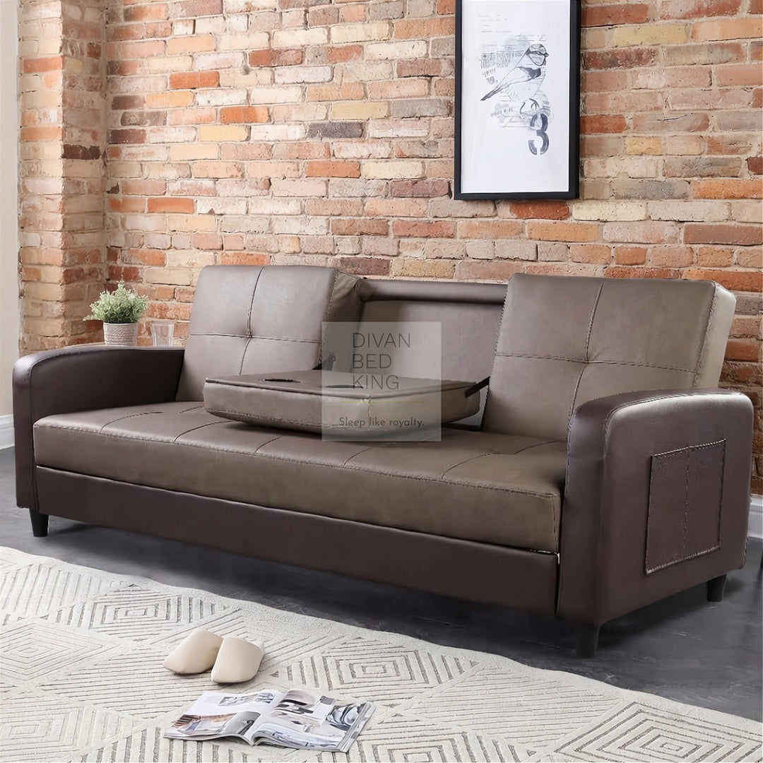Salazar Ash Grey Brown Leather 3 Seater Sofa Bed with Cup Holders, Armrest and Side Storage Pockets