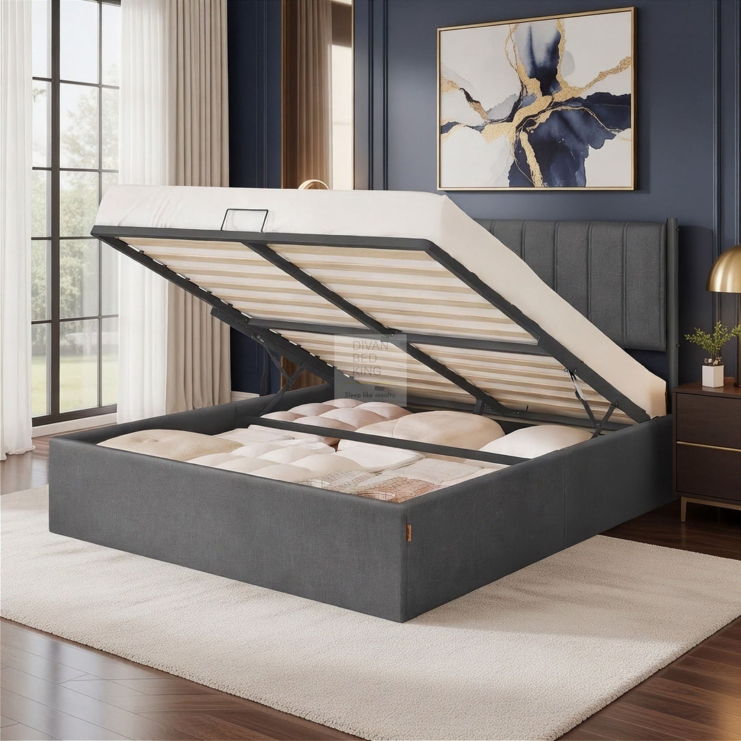 Schwartz Heavy Duty Grey Cotton Ottoman Storage Bed with Headboard and Removable Covers