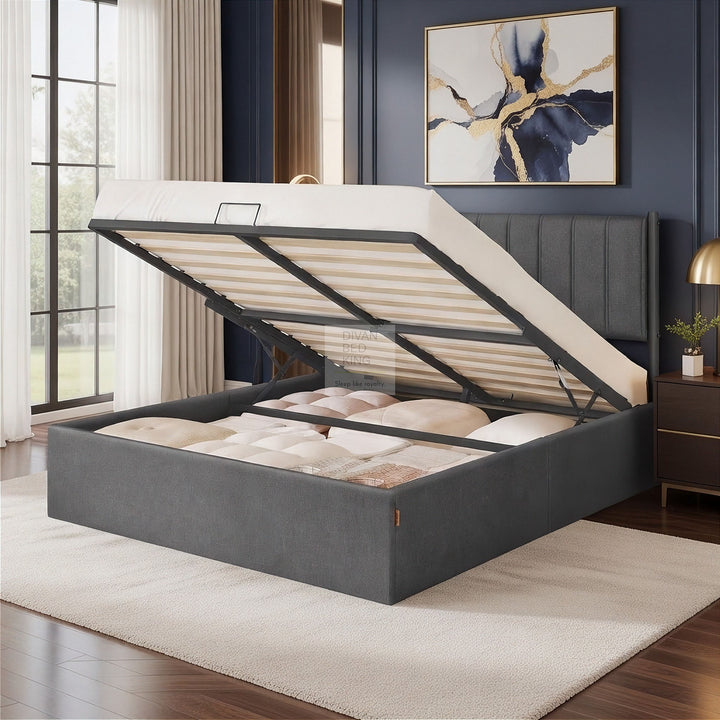 Schwartz Heavy Duty Grey Cotton Ottoman Storage Bed with Headboard and Removable Covers