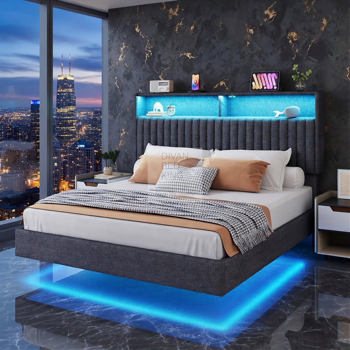 Houston Smart Metal Floating Bed with Grey Linen Padded Storage Headboard, LED Lights, USB & Type C Charging Station