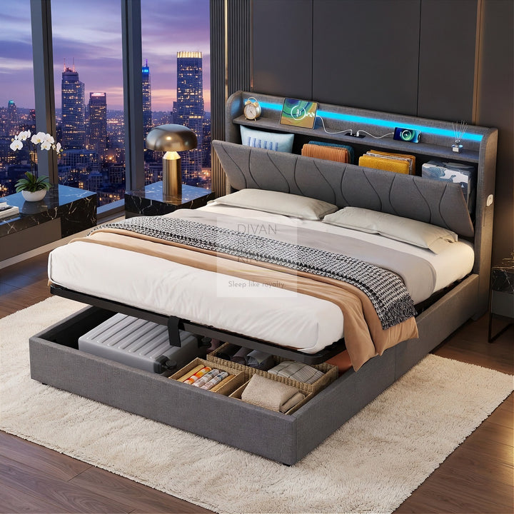 Naya Grey Linen Ottoman Storage Bed with LED Lights, Type C and USB Charging Headboard Storage Shelf