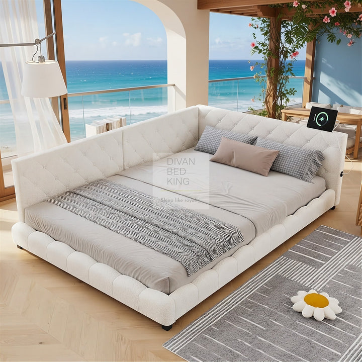 Imani Soft Boucle Beige Fabric Low Smart Sofa Bed with USB & Type C Charging Station