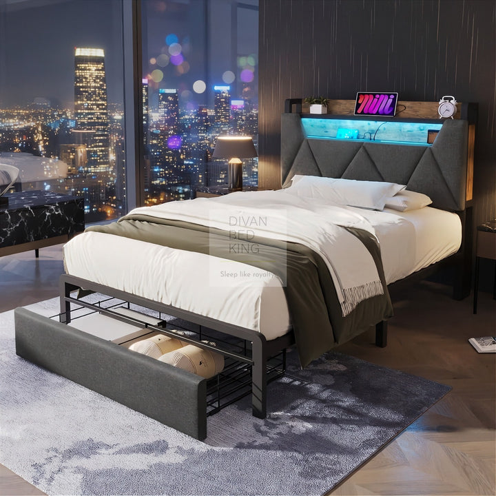 Cagliari Kids Charcoal Grey Linen 2 Drawer Smart Bed with LED Light, Type C and USB Charging Headboard Storage Shelf