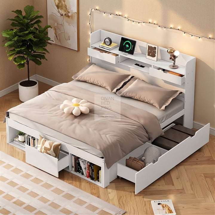 Castaneda White Wooden Smart Bed with 4 Drawers, Power Outlets and USB Ports & Shelves