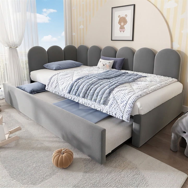 Novara Grey Plush Velvet Convertible Corner 3FT Single Daybed Sofa Bed Couch with Trundle