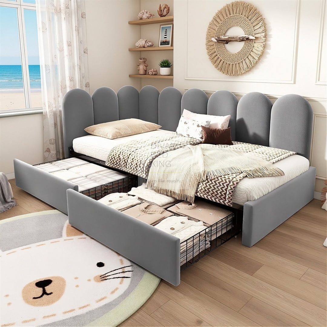 Novara Grey Plush Velvet 2 Drawer Corner 2 Seater Daybed Sofa Bed Couch