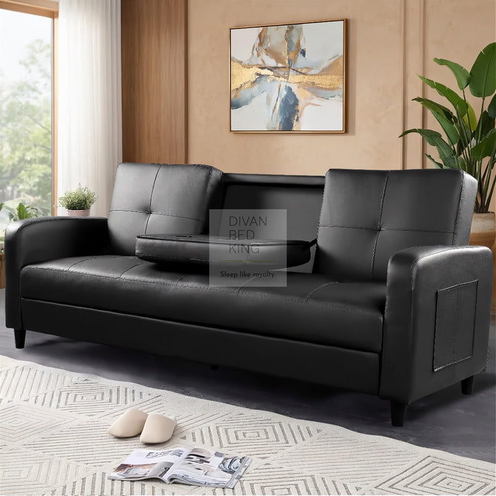 Salazar Black Leather 3 Seater Sofa Bed with Cup Holders, Armrest and Side Storage Pockets