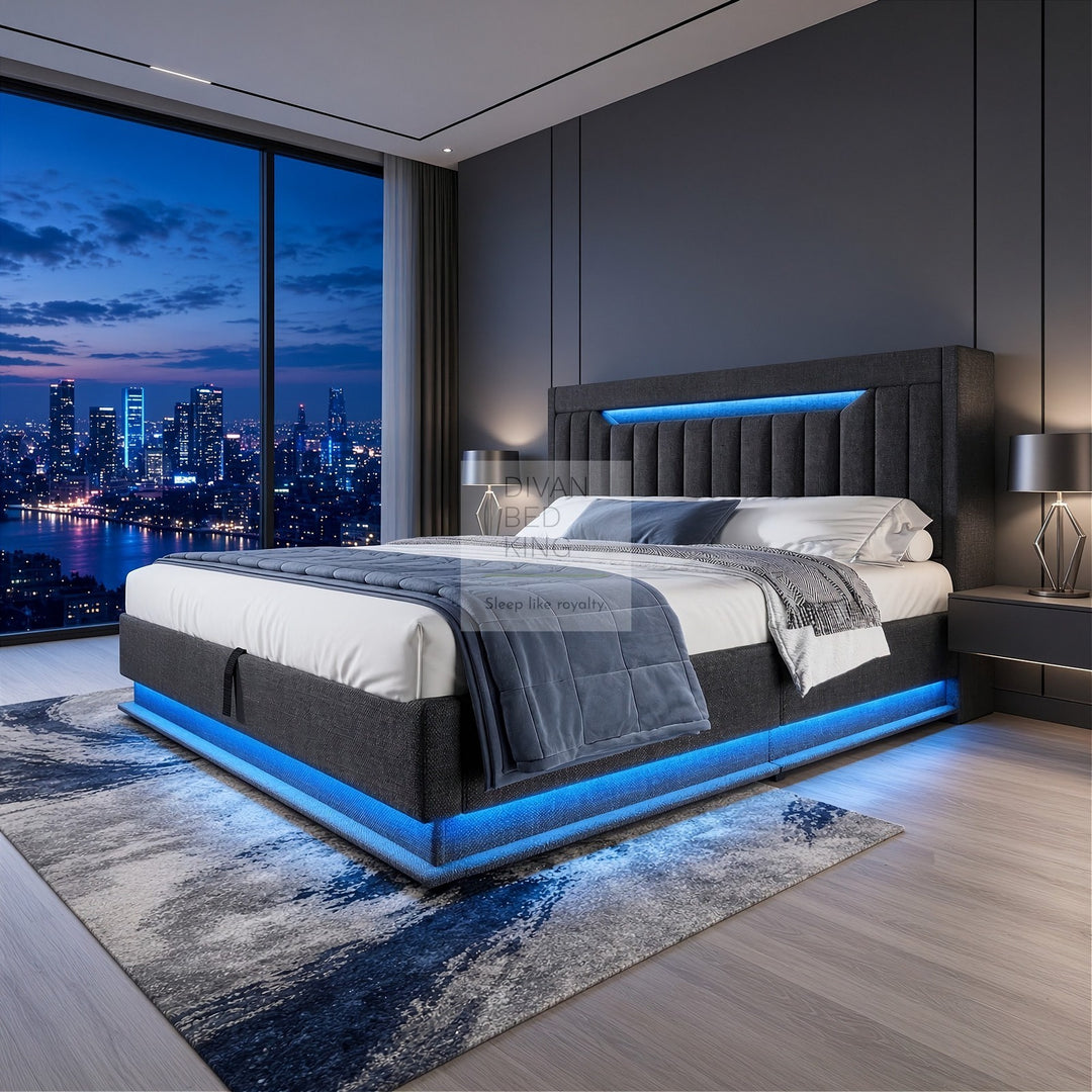 Moreno Grey Linen Wingback Ottoman Storage Smart Bed with Type C, USB & Wireless Charging Headboard Shelves