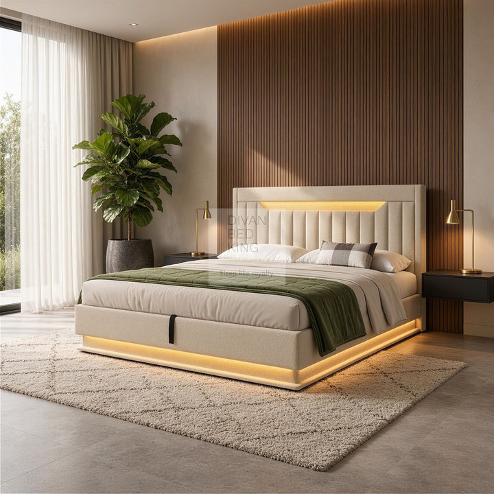 Moreno Beige Linen Wingback Ottoman Storage Smart Bed with Type C, USB & Wireless Charging Headboard Shelves
