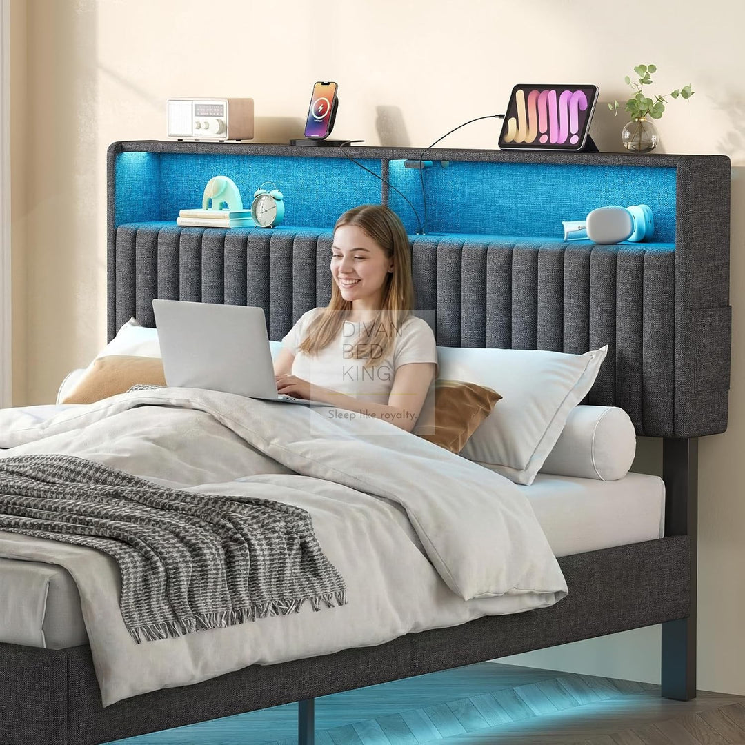 Houston Kids Smart Metal Floating Bed with Grey Padded Storage Headboard, LED Lights, USB & Type C Charging Station