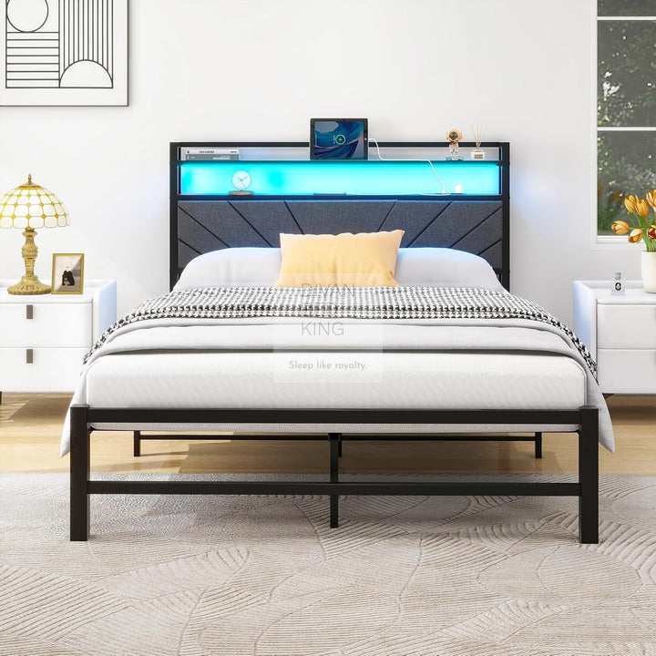 Cesena Grey Linen Smart Metal Bed with Storage LED Headboard, Shelves, Power Outlet, USB Charging & Optional Drawers
