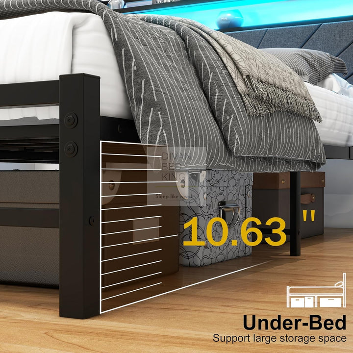 Cesena Grey Linen Smart Metal Bed with Storage LED Headboard, Shelves, Power Outlet, USB Charging & Optional Drawers