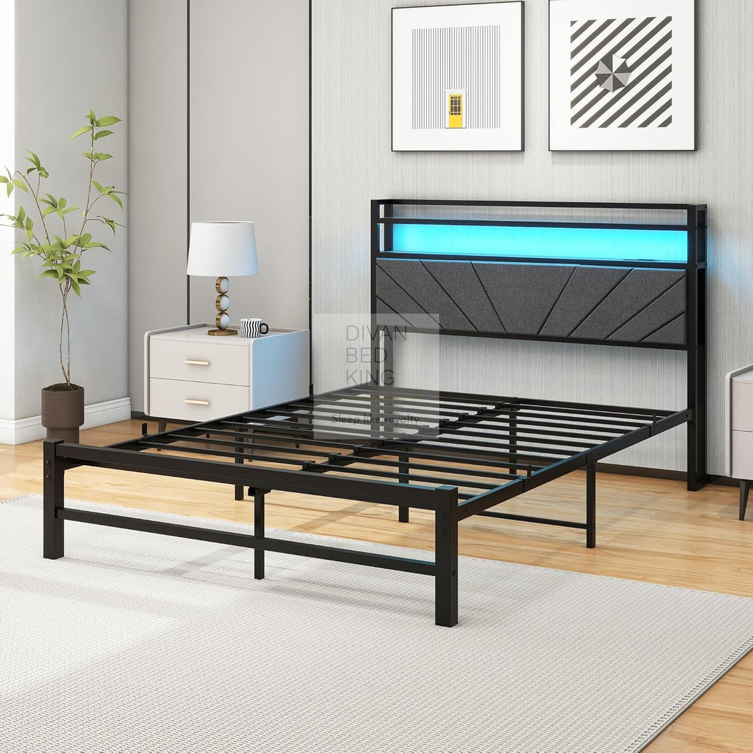 Cesena Grey Linen Smart Metal Bed with Storage LED Headboard, Shelves, Power Outlet, USB Charging & Optional Drawers