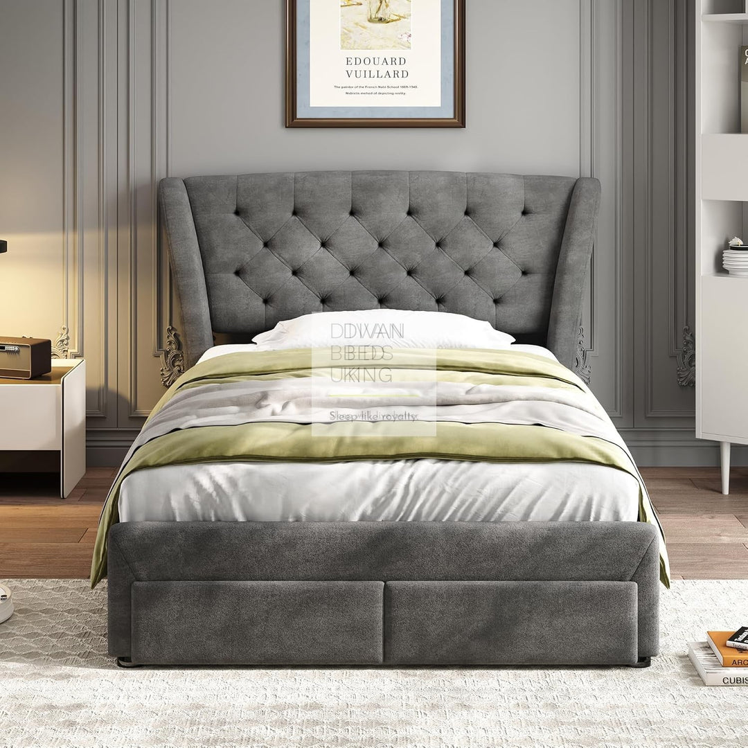 Cipriana Soft Grey Velour Upholstered Wingback Bed with 4 Drawers