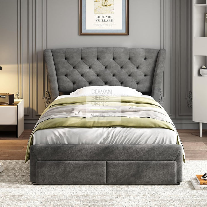 Cipriana Soft Grey Velour Upholstered Wingback Bed with 4 Drawers