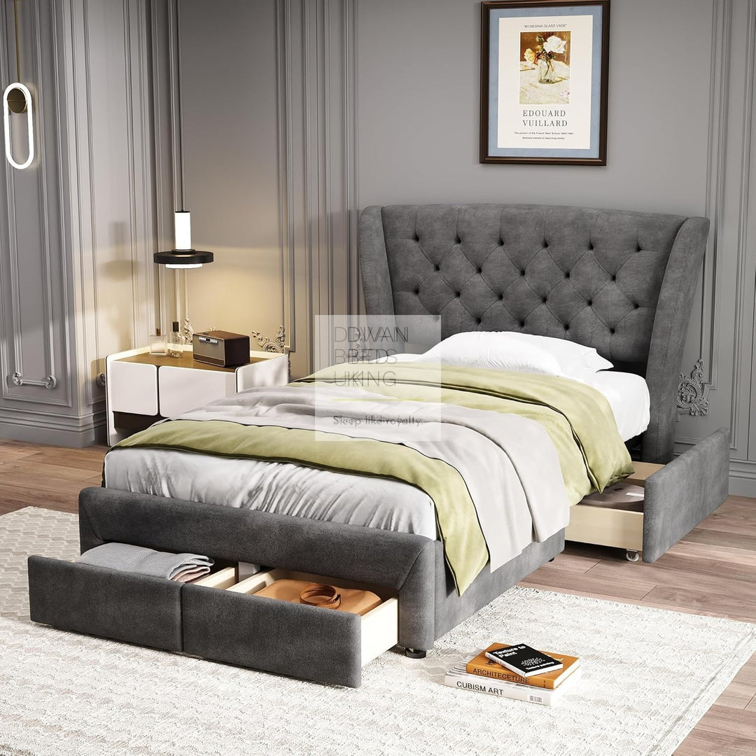 Cipriana Soft Grey Velour Upholstered Wingback Bed with 4 Drawers