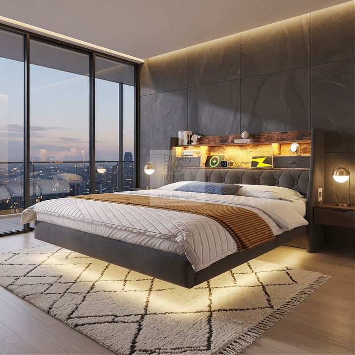 Burton Smart Metal Floating Bed Frame with Grey Padded Storage Headboard, LED Lights, USB, Type C & AC Sockets Charging Station