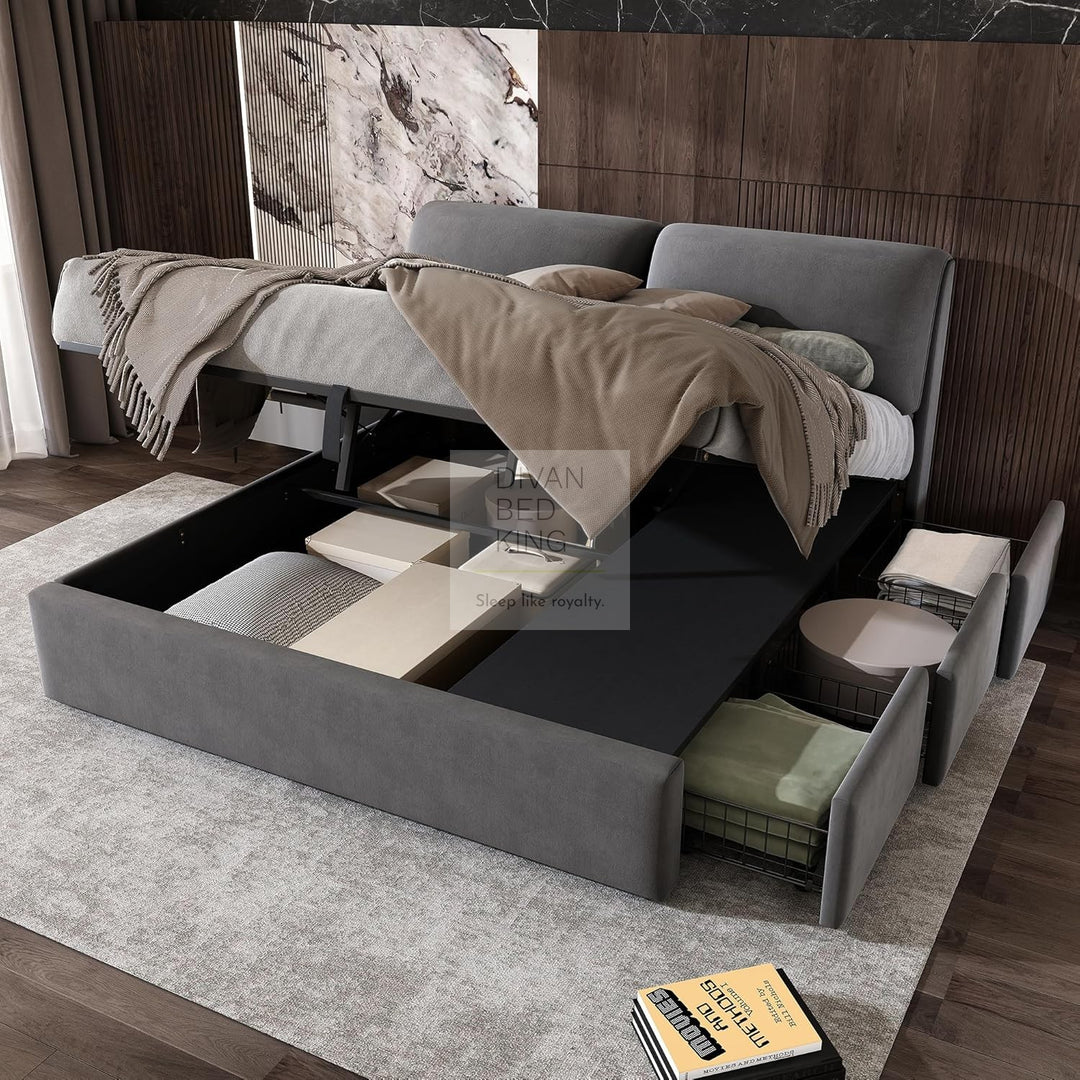 Cosenza Large Padded Headrest Grey Velvet Ottoman Storage Bed with 3 Drawers