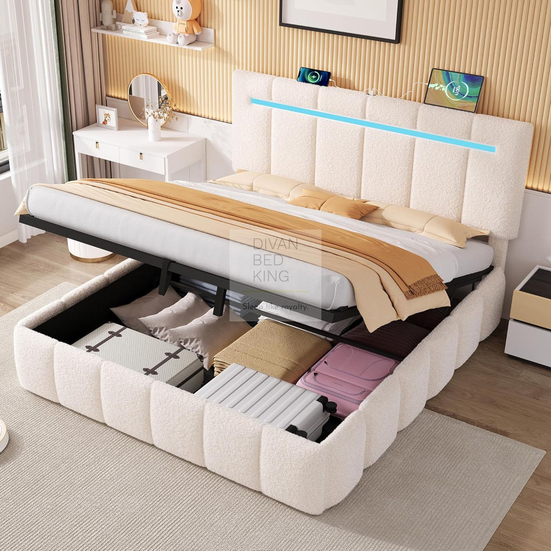 Lanusei Cream Beige Soft Boucle Ottoman Storage Smart Bed with LED Lights, Type C and USB Charging Headboard Shelf