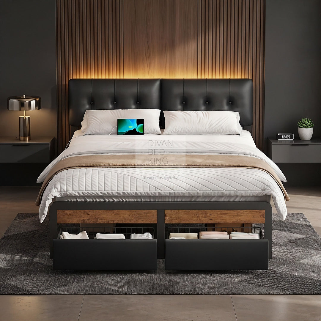 Julius Black Leather 2 Drawer Storage Smart Bed with LED Lighting, USB and Type-C harging