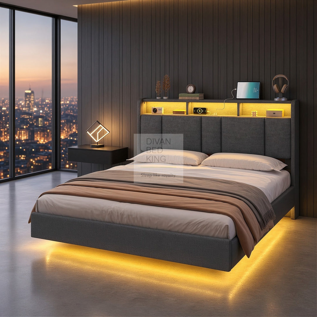 Everleigh Grey Linen Floating Bed Frame with Padded Storage Headboard, LED Lights, USB & Type-C Charging Station