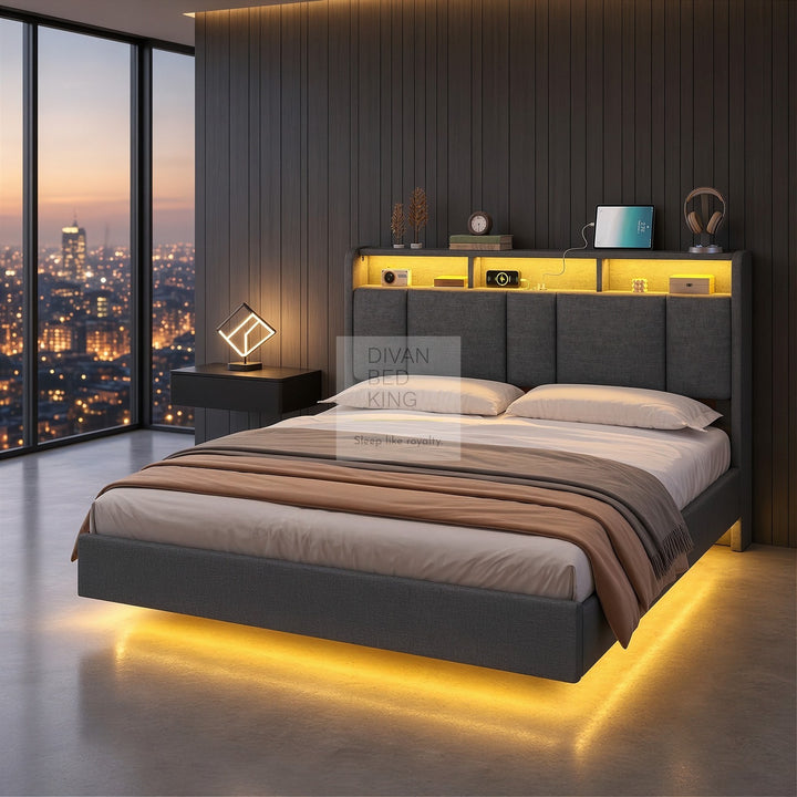 Everleigh Grey Linen Floating Bed Frame with Padded Storage Headboard, LED Lights, USB & Type-C Charging Station