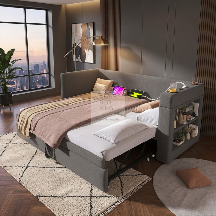 Laylani Grey Linen Smart Daybed Sofa Bed with Shelves Storage, USB & Type C Charging Station & Trundle