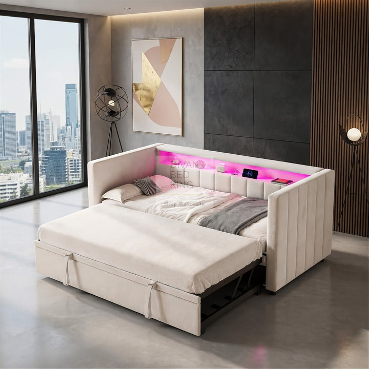 Adalynn Beige Plush Velvet Smart Sofa Bed Daybed with Bluetooth LED Lights, Storage, Shelves, USB & Type C Charging & Trundle