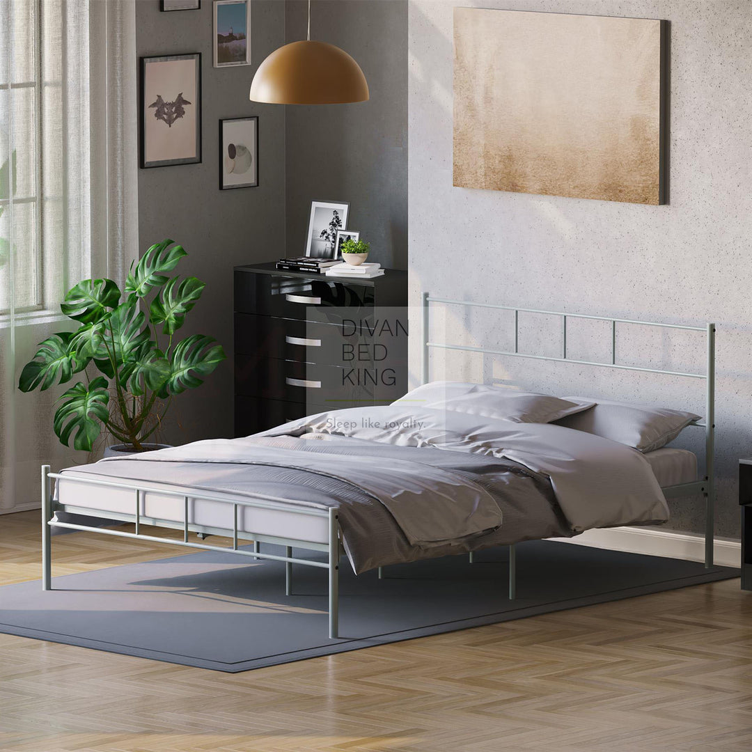 Mathias Light Grey Steel Metal Bed Frame with Drawer Options