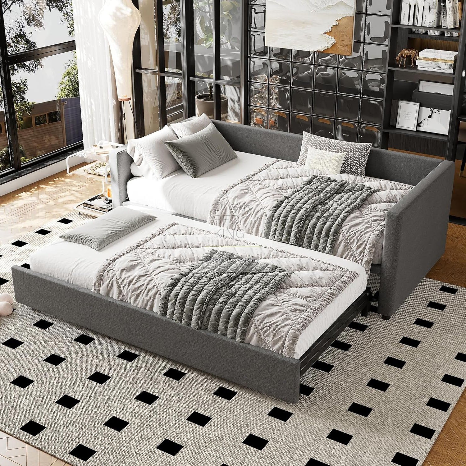 Perugia Dark Grey Cotton Daybed 3 Seater Sofa Bed Couch with Trundle ...