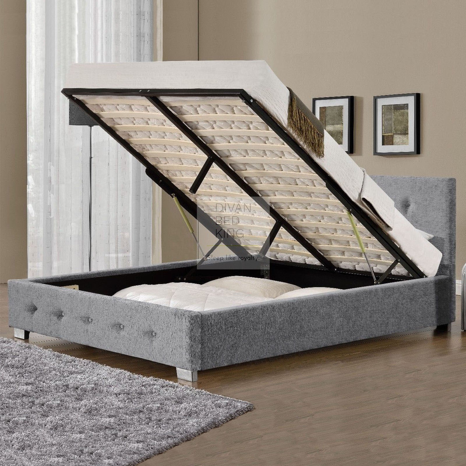 Eloise Silver Grey Chenille Ottoman Gas Lift Fabric Storage Bed Divan Bed King