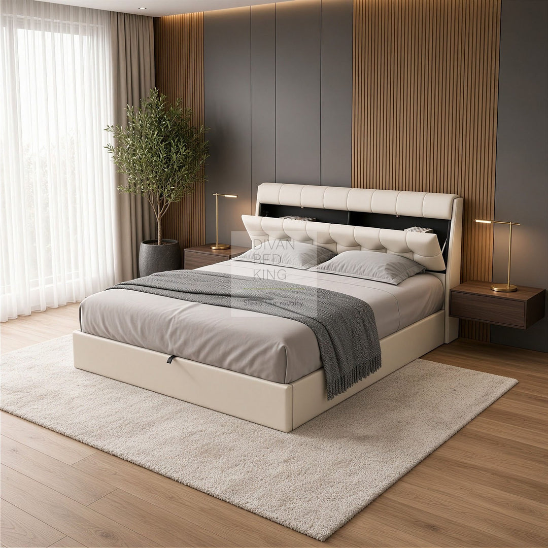 Carmine Cream Beige Leather Ottoman Storage Bed with Headboard Storage