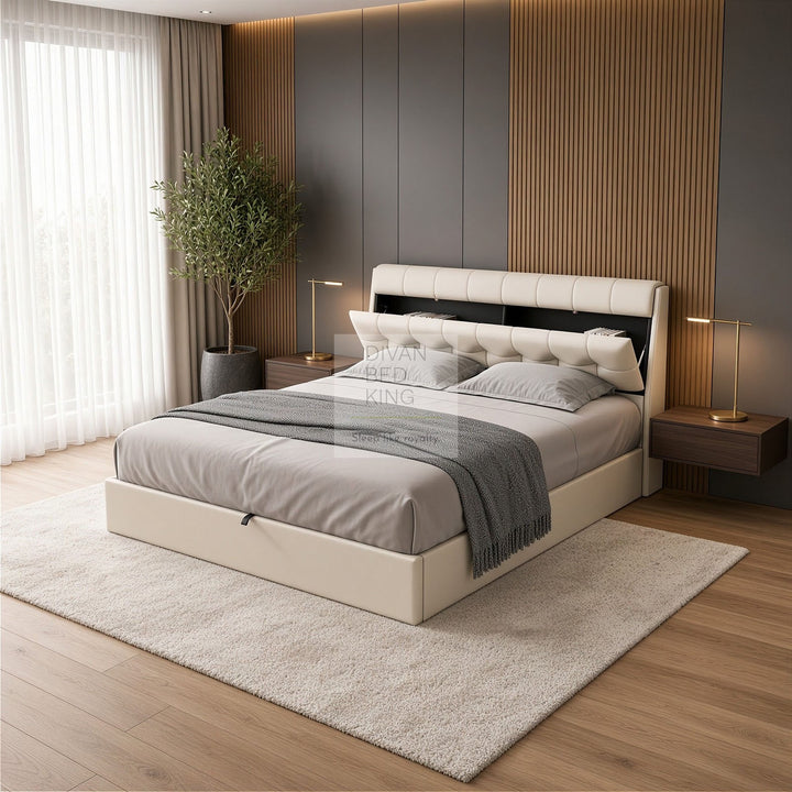 Carmine Cream Beige Leather Ottoman Storage Bed with Headboard Storage