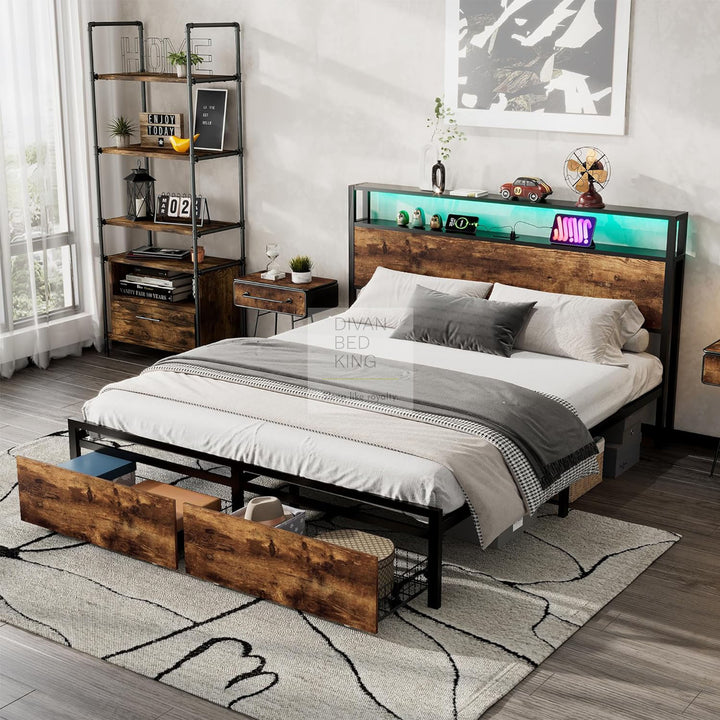 Henry Metal Divan Bed with End Drawers with Smart LED Lights, USB & Type-C Charging Station