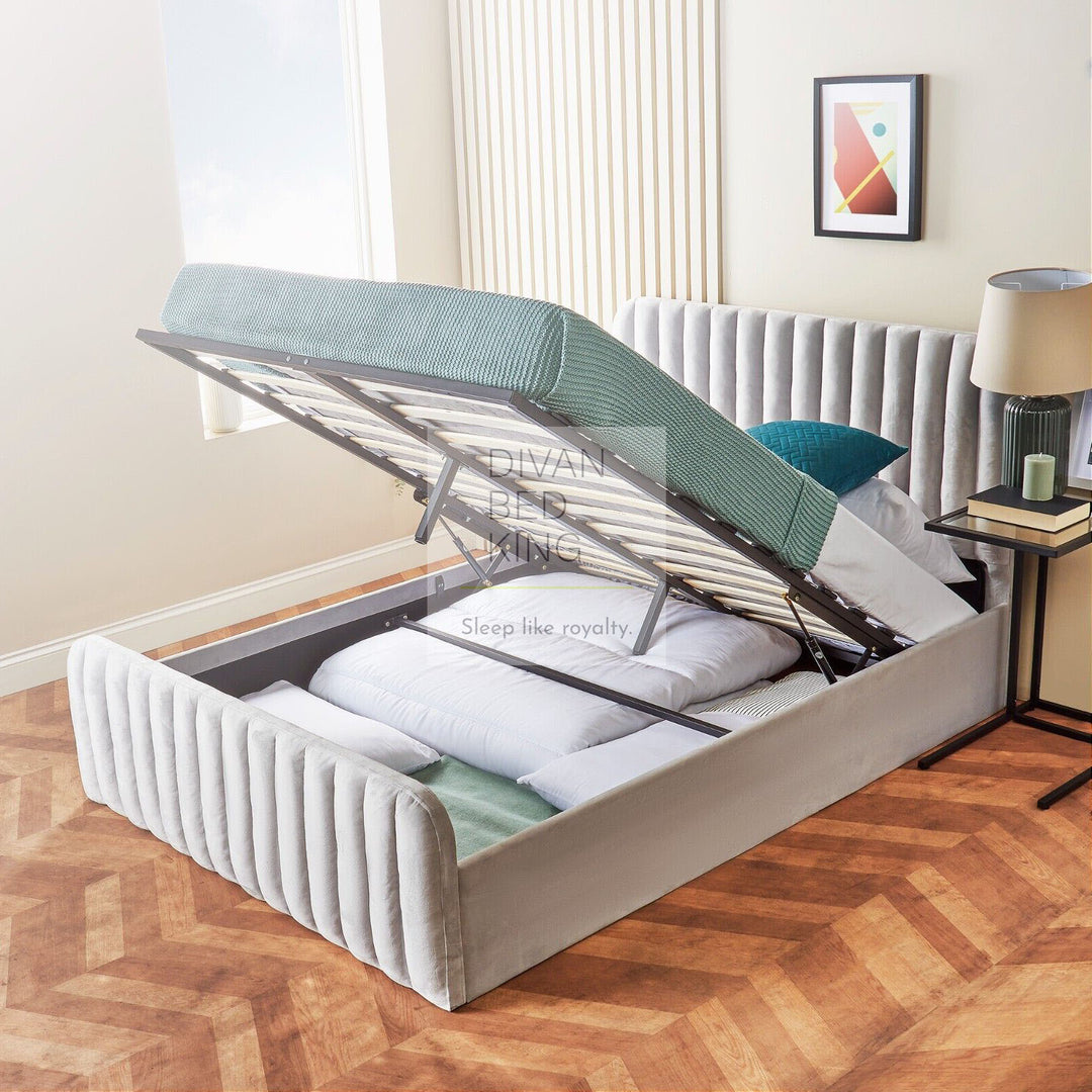 Stripe Plus Alexis Light Grey Velvet Ottoman Storage Bed Frame