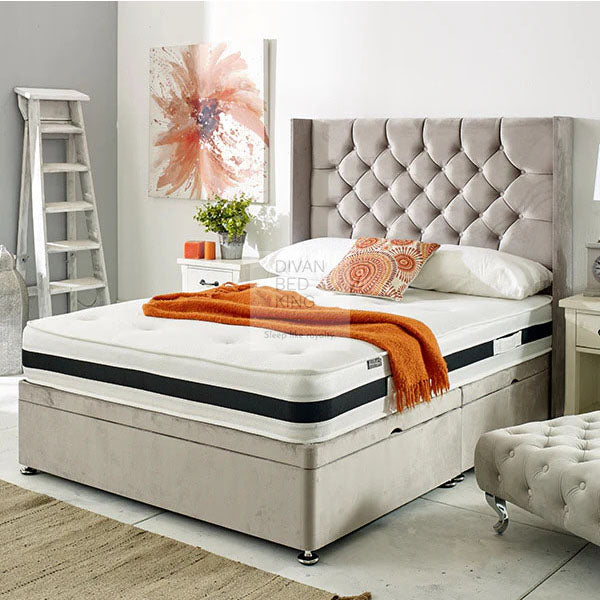 Everly Luxury Ottoman Storage Divan Bed with Winged Floor Standing Headboard Option