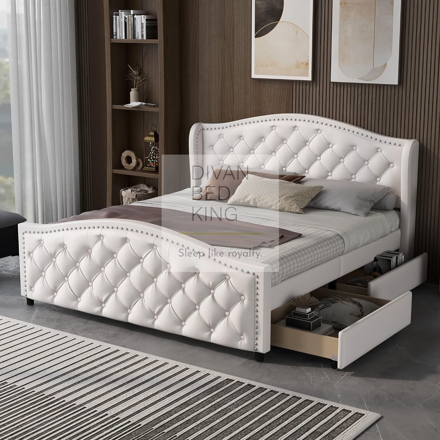 White queen size bed on sale frame with storage