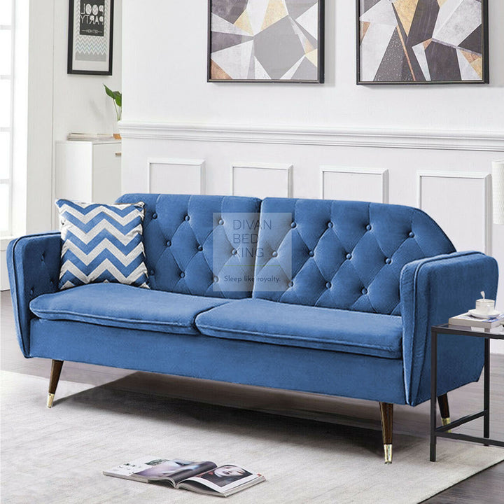 Regine Blue Plush Velvet 3 Seater Sofa Bed